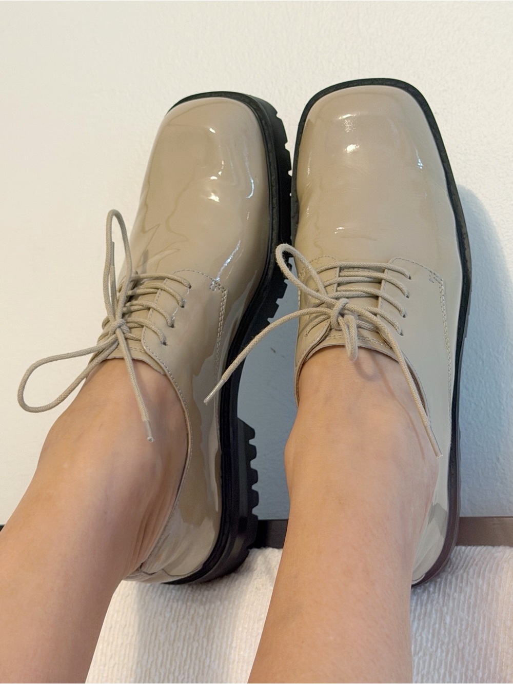 Miista Cream Patent Leather Lace-Up Flats with Black Lug Sole